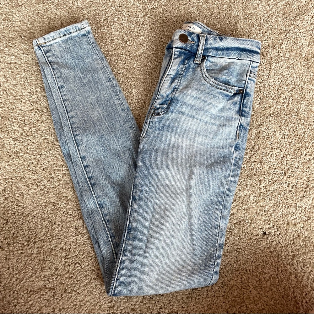 Buckle Blue Skinny Jeans with Vintage Distressing